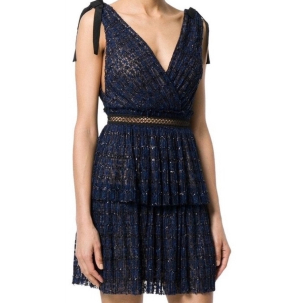 Self-Portrait Lace Mini Dress Sz 2 Navy Blue Bow Holiday Party Dress